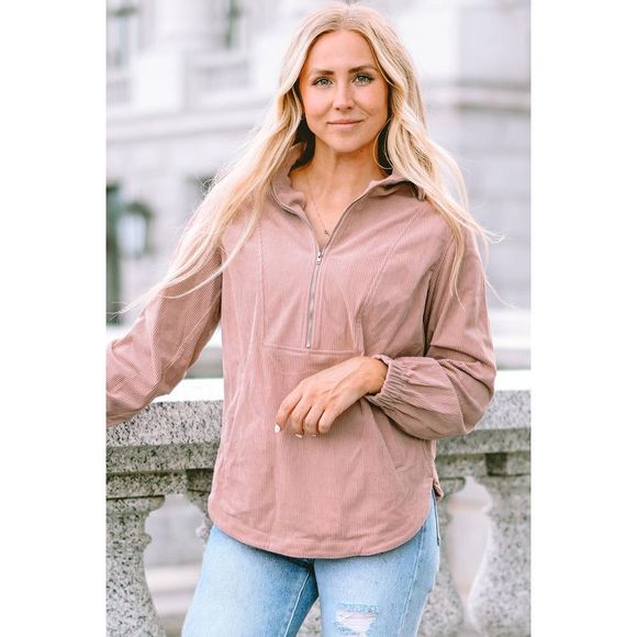 Azura Exchange  Apricot Ribbed Texture Half Zip Collared Sweatshirt - Picture 11 of 15